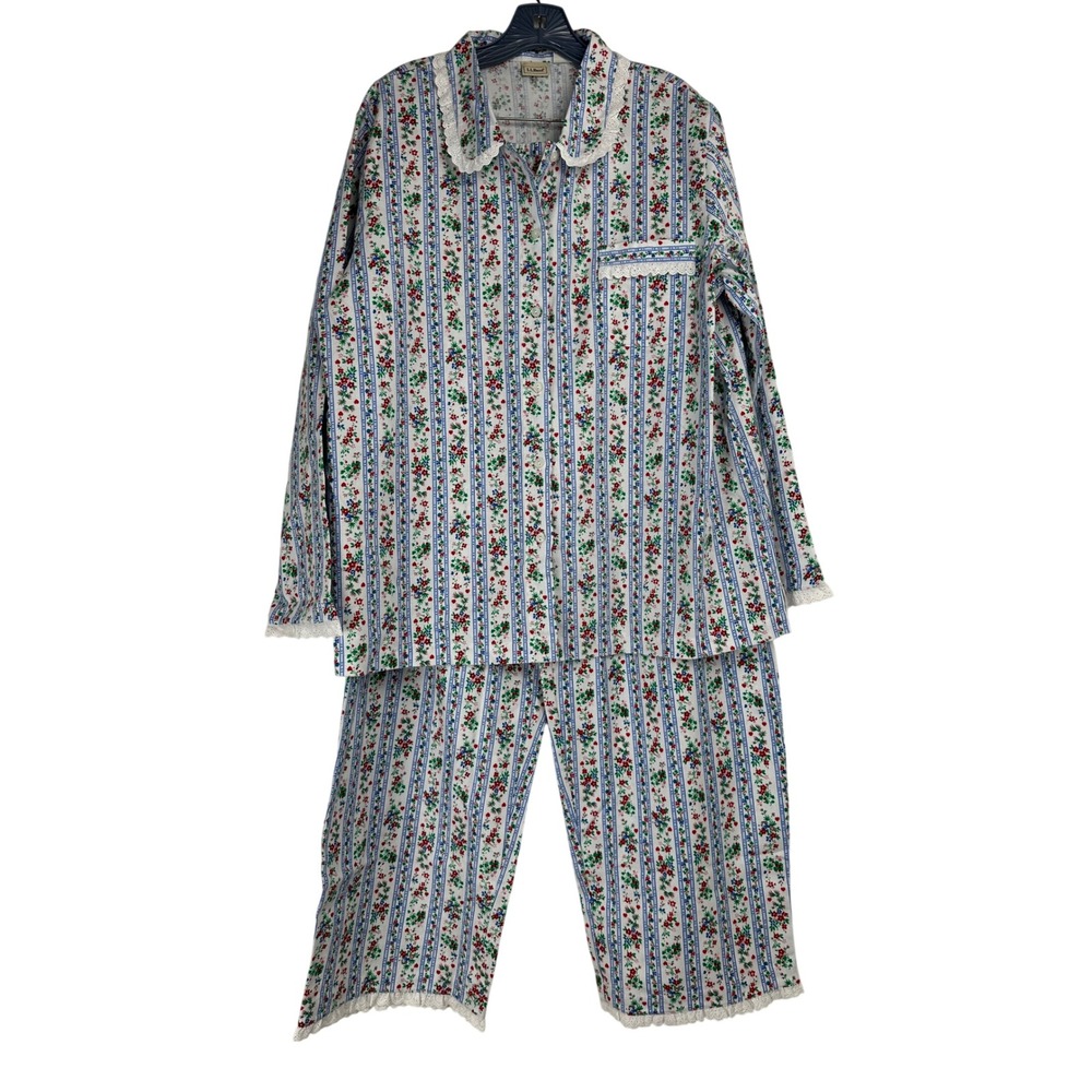 LL Bean Pajama Set XL Cotton Flannel Floral Stripe Lace Trim 2pc White Granny